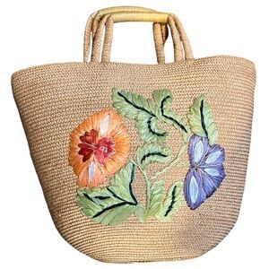 Floral Straw Summer Tote Vintage Purse Embroidered